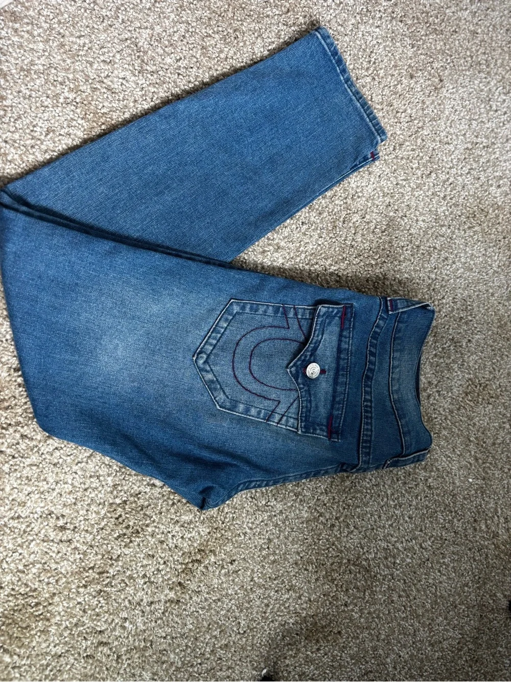 True Religion Women's Mid Blue Straight Leg Jeans with Contrast Stitching